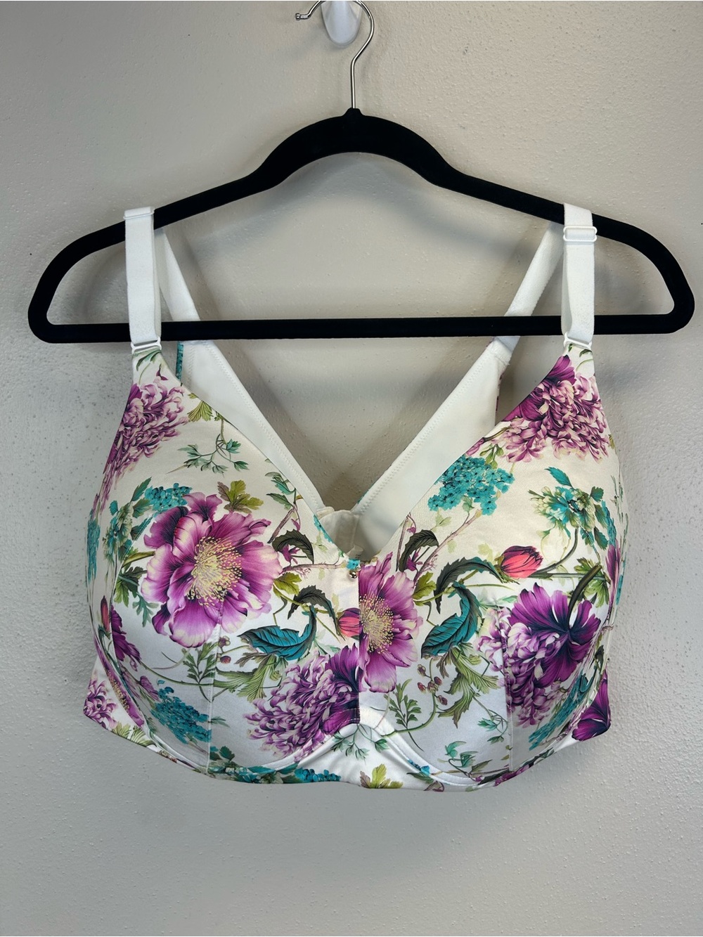 Cacique Full Coverage Wireless Bra Purple Teal Floral 42DDD Plus Size Intimate